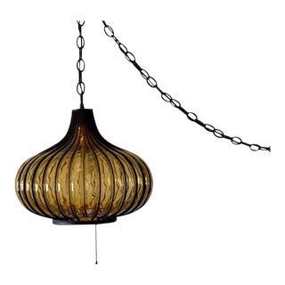 Vintage Amber Glass Onion Shape Swag Pendant Light For Sale