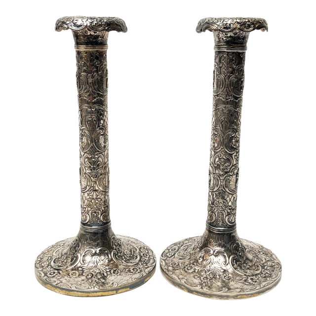 Antique Silver-Plated Bavarian Style Candlesticks With Ornate Designs- a Pair For Sale
