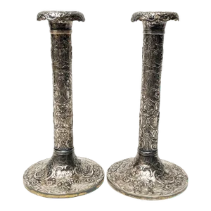 Antique Silver-Plated Bavarian Style Candlesticks With Ornate Designs- a Pair