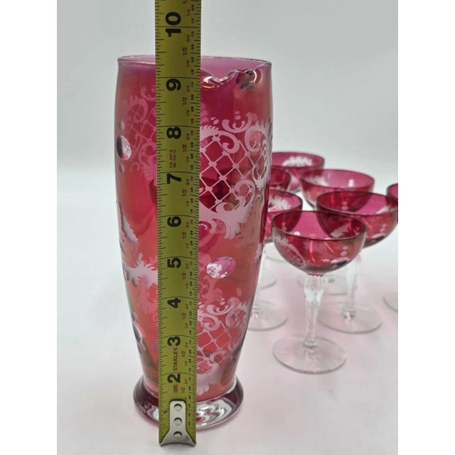 Antique Edwardian Wine Cranberry Glass Engraved Etched & Pitcher - 9pcs For Sale - Image 9 of 12