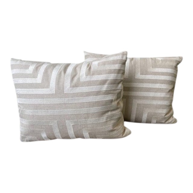 Neutral Pair of Enlarged Greek Key Pattern Pillows For Sale