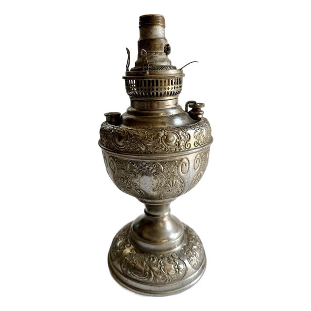 The Meteor Silver Repousse Antique Oil Lamp, Converted to Electric For Sale