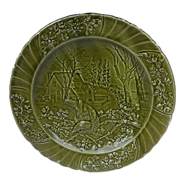 19th Century Green Majolica Bird Plate Sarreguemines For Sale