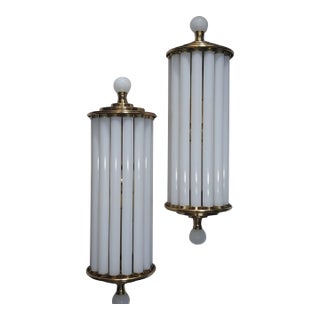 Vintage Art Deco Light Old Lamp Wall Sconces Fixture Brass & Milk Glass Rod Ship Light - Pair For Sale