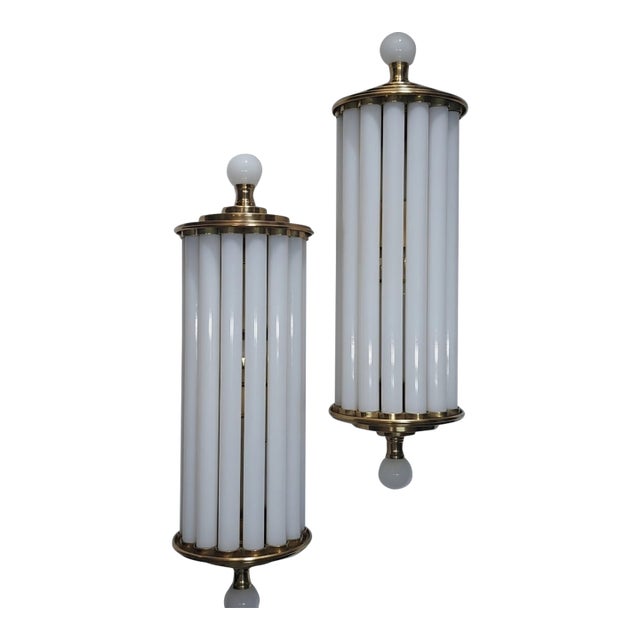 Vintage Art Deco Light Old Lamp Wall Sconces Fixture Brass & Milk Glass Rod Ship Light - Pair For Sale