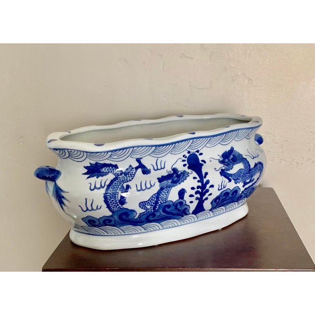 Vintage Chinoiserie Blue and White Large Oval Ceramic Planter With