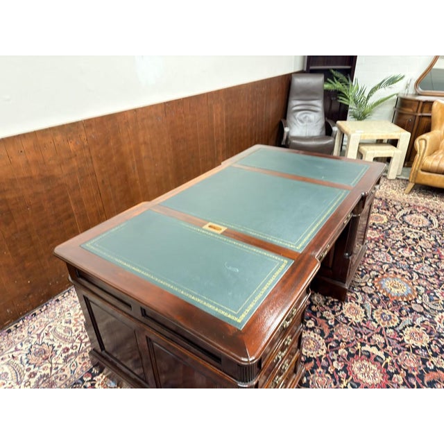 English Teak and Leather Partners Desk For Sale - Image 16 of 18