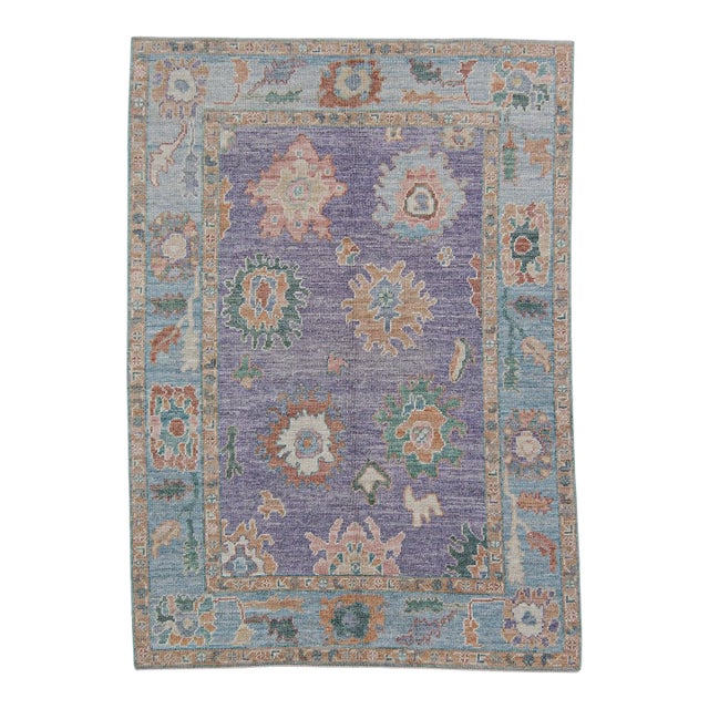 Turkish Oushak Rug Purple & Blue Floral Handwoven Wool Rug 4'11" X 6'10" For Sale