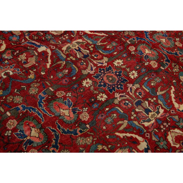 Persian 1920's Antique Floral Mahal Wool Rug Handmade in Red For Sale - Image 3 of 7