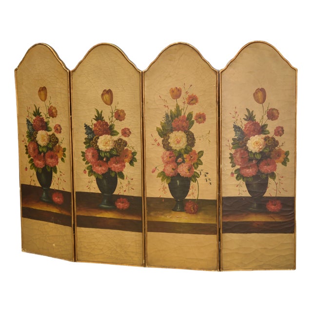 19th Century Gilt Screen with Oil Painting of Floral Decoration For Sale