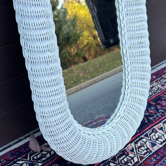 Vintage Petite White Painted Woven Wicker Rattan Framed Oval Mirror For Sale - Image 9 of 11