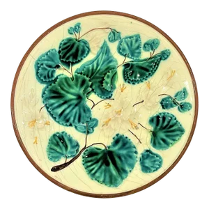 Antique Majolica White Plate With Green Dogwood Leaves and Brown Rim