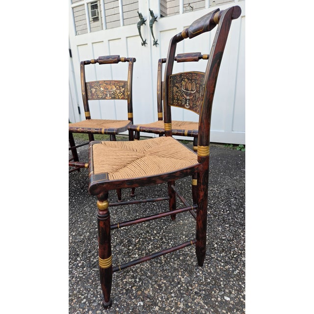 20th-Century Hitchcock-Style Harvest-Stenciled Rush-Seat Dining Chairs—Set of Four For Sale - Image 17 of 18