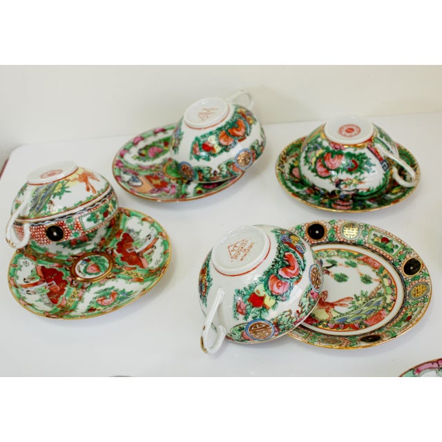Emerald Vintage Large Famille Rose Medallions Set Salad Bowl, Oval Platter, Tea Cups & Saucers, Mini Sake/Rice Bowls Set - 19 Pieces For Sale - Image 8 of 13