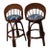 1980s Wicker Rattan Bamboo Barstool Blue Upholstered Fabric Seat Set of Two For Sale