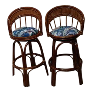 1980s Wicker Rattan Bamboo Barstool Blue Upholstered Fabric Seat Set of Two
