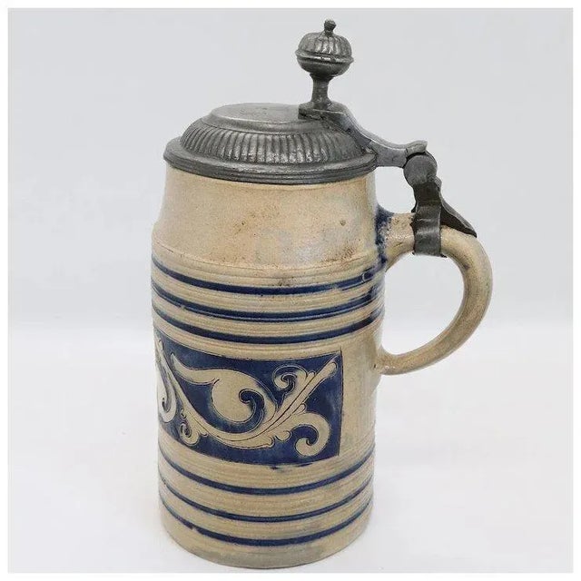 Traditional German Westerwald Pewter Mounted Stoneware Pottery Tankard For Sale - Image 3 of 11