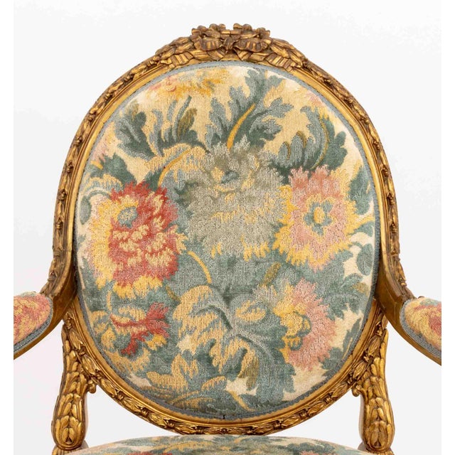 Pair of Louis XVI Style Tapestry Upholstered Giltwood Fauteuils For Sale - Image 9 of 12