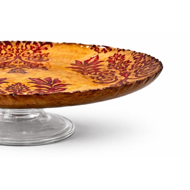 Metal Late 20th Century Hollywood Regency Style Raised Serving Platter With Relief Inlaid Design – 15” Footed Centerpiece For Sale - Image 7 of 7