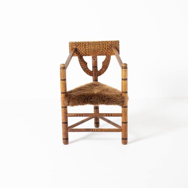 Hand-Carved Monk Chair with Brown Sheepskin Upholstery, Sweden, 1960s For Sale - Image 9 of 9