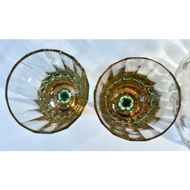 Glass Decanter and Four Crystal Shot Glasses with Hand Painted Clover Details - 5 Pieces For Sale - Image 7 of 12