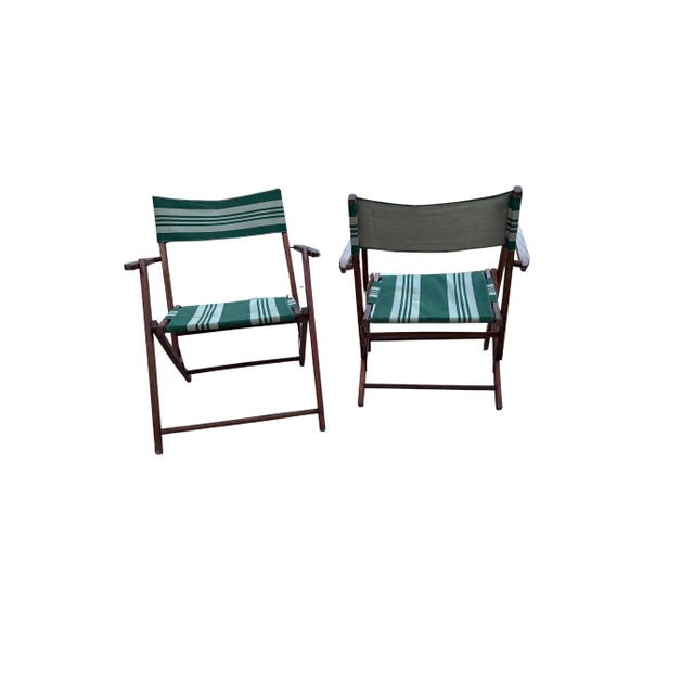 Textile Mid 20th Century Folding Patio Chairs Pair – Stained Wood With Green & White Canvas, A Pair For Sale - Image 7 of 12