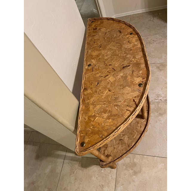 Mid-Century Modern 1970s Vintage Two-Tier Rattan Demilune Console Table With a Half-Moon Design For Sale - Image 3 of 12