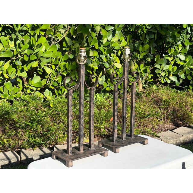 Vintage Neoclassical Metal Scroll Table Lamps, Pair For Sale - Image 4 of 11