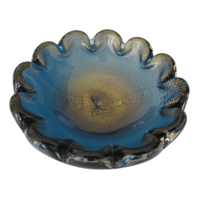 Murano Blue Golden Flower Bowl by Seguso, 1960s For Sale