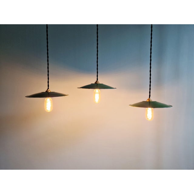 Industrial Pendant Lights in Green Enameled Sheet Metal, 1940s, Set of 3 For Sale - Image 10 of 16