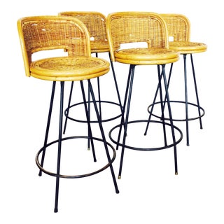 Vintage Rattan & Wrought Iron Bar Stools - Set of 4 For Sale