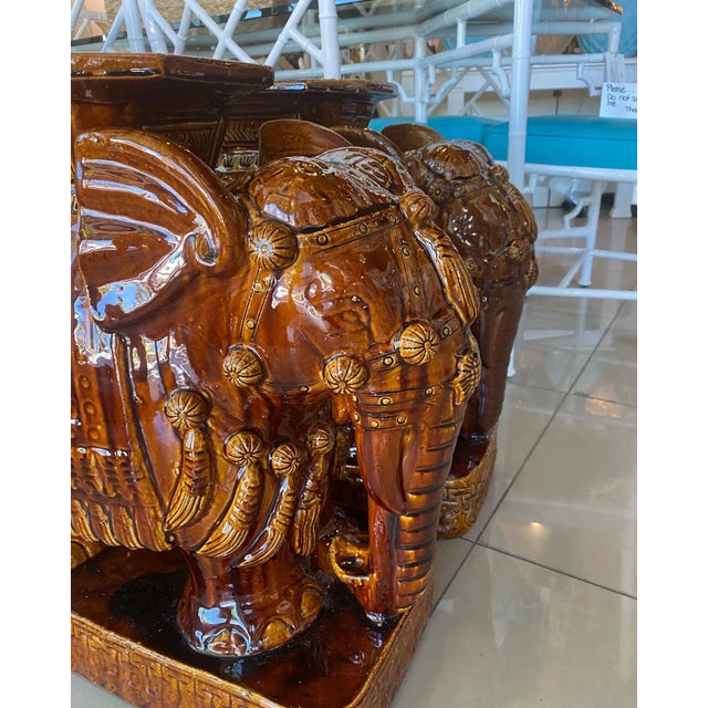 Mid-Century Modern Vintage Brown Glazed Elephant Garden Stands Stools Benches Drink Tables -A Pair For Sale - Image 3 of 10