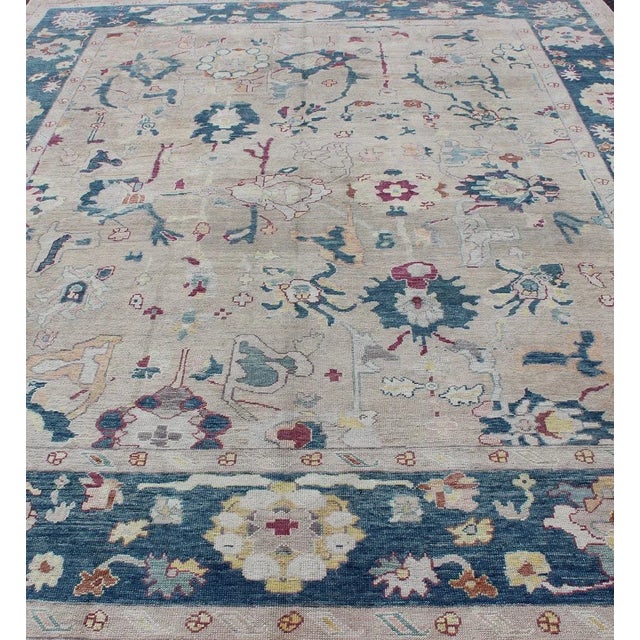Royal Blue All-Over Design Royal Blue and Gray With Hints of Red Turkish Oushak Rug For Sale - Image 8 of 12