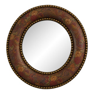 Late 20th Century Round Paisley-Covered Mirror With Brass Nailhead Trim, 36" For Sale