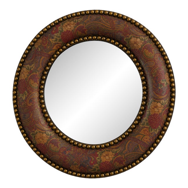 Late 20th Century Round Paisley-Covered Mirror With Brass Nailhead Trim, 36" For Sale
