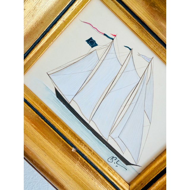 Every detail—from the slender masts and finely drawn rigging to the softly curved sails and tiny fluttering flags—has been...