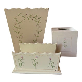 Hand Painted Les Artisans De Provence Wastebasket Tissue Box Hand Towel Bathroom Set For Sale