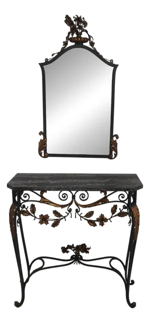 Vintage Wrought Iron Marble Top Console Table & Mirror
