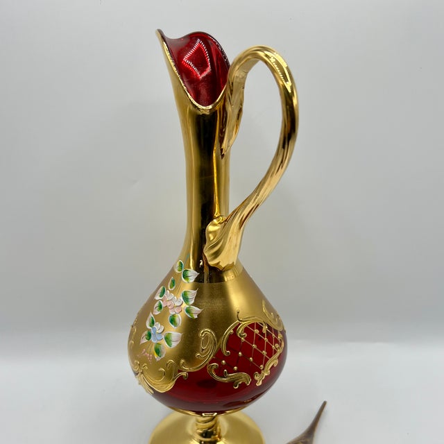 Gold Ruby Red Murano Glass Tre Fuochi Decanter and Liqueur Service, 1950s, Set of 7 For Sale - Image 8 of 14