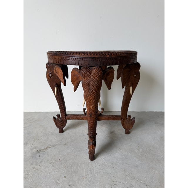 1970s Vintage Anglo Indian Hand-Carved Elephant Side Table With Bone Inlay Animal Motif For Sale - Image 5 of 15