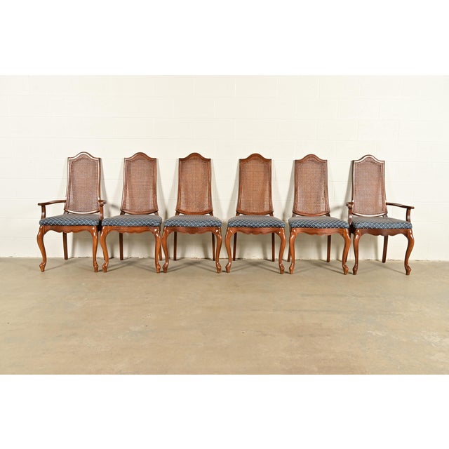 French Provincial Baker Furniture Style French Provincial Louis XV Carved Walnut and Cane Back Dining Chairs, Set of Six For Sale - Image 3 of 14