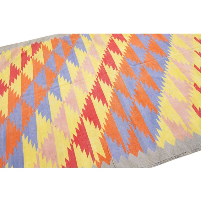 1980s Multicolor Vinatge Cotton Durrie Wool Rug With Geometric Motif For Sale In New York - Image 6 of 7