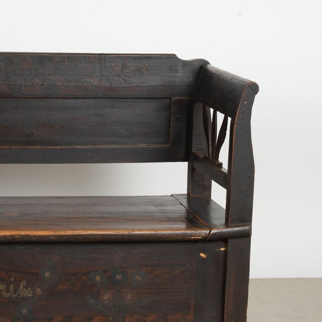 Original Hand-Painted Hungarian Pine Folk Art Storage Bench Circa 1890-1920 For Sale - Image 11 of 13
