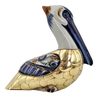 Large Sergio Bustamante Style Brass Hand Painted Ceramic Pelican Bird Table Sculpture - Coastal Mid 20th Century For Sale