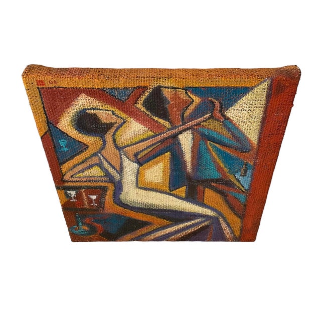 Art Deco Vintage “Dancing on Burlap” Acrylic Painting on Coffee Sack Canvas by Thom Evans 22”x 22”x1.75” For Sale - Image 3 of 10