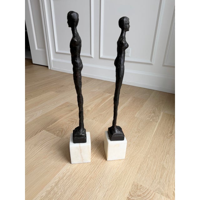 1990s Vintage Brutalust Global Views Giacometti Style Male & Female Figural Sculptures on Marble Bases — Pair For Sale - Image 5 of 6