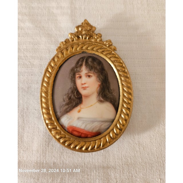 19th C Porcelain Miniature Portrait Young Woman W Dark Hair Signed Sherl For Sale - Image 11 of 12