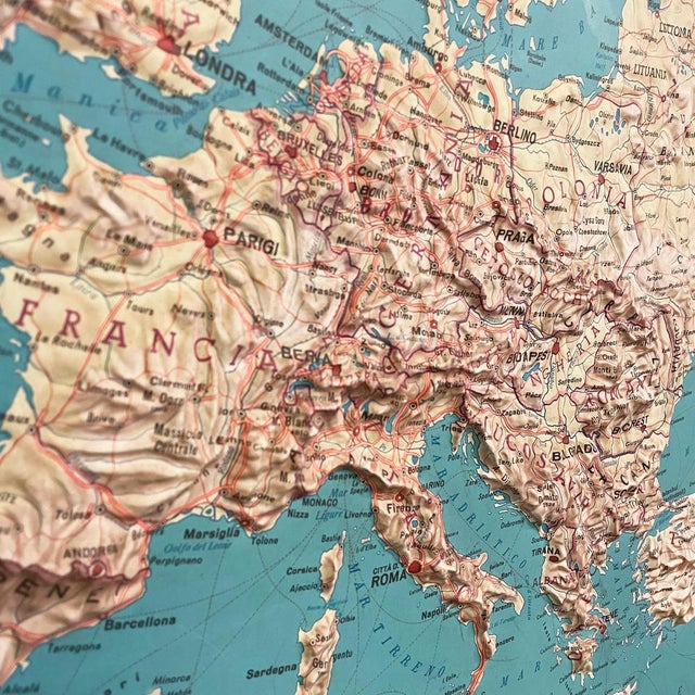 Modern Italian Topographic Geographical Map in Wood Frame of Europe, 1950s-1990s For Sale - Image 4 of 16