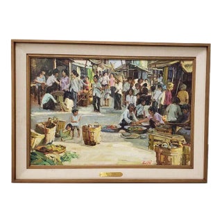 Gerald Merfeld "Street Market, Vietnam" Original Oil Painting C.1980s For Sale
