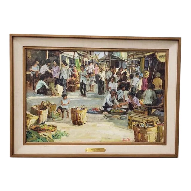 Gerald Merfeld "Street Market, Vietnam" Original Oil Painting C.1980s For Sale